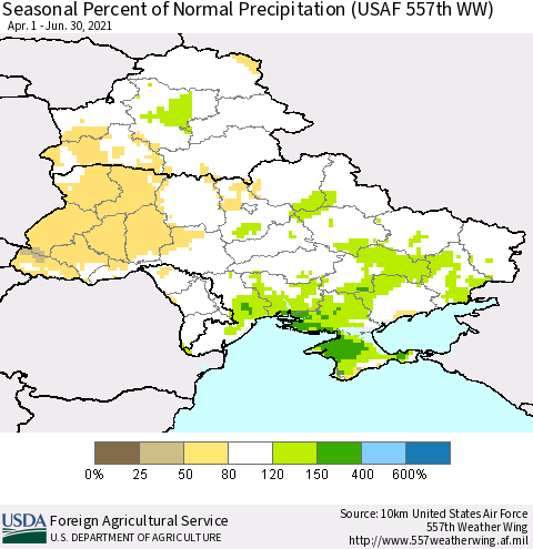 Ukraine, Moldova and Belarus Seasonal Percent of Normal Precipitation (USAF 557th WW) Thematic Map For 4/1/2021 - 6/30/2021
