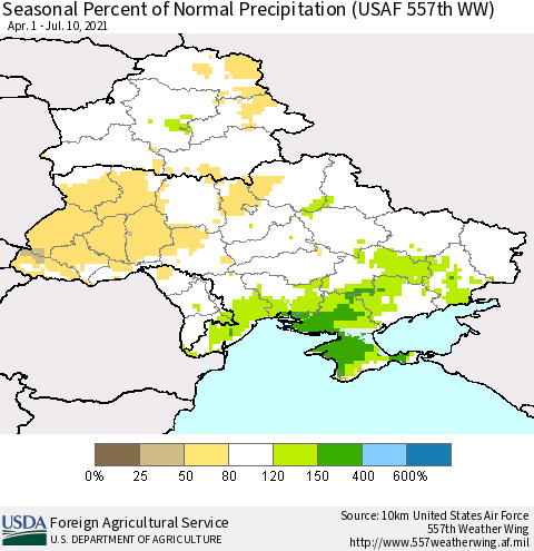 Ukraine, Moldova and Belarus Seasonal Percent of Normal Precipitation (USAF 557th WW) Thematic Map For 4/1/2021 - 7/10/2021
