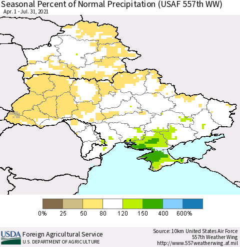 Ukraine, Moldova and Belarus Seasonal Percent of Normal Precipitation (USAF 557th WW) Thematic Map For 4/1/2021 - 7/31/2021