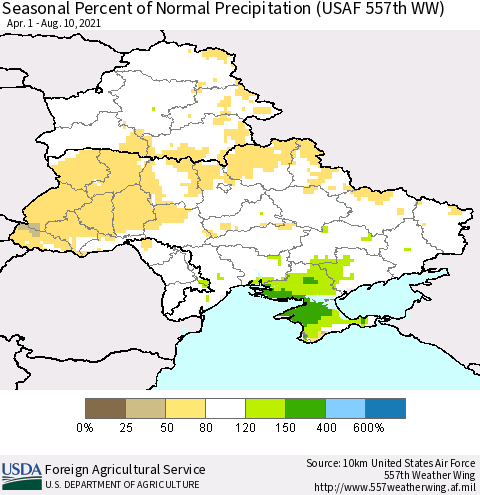 Ukraine, Moldova and Belarus Seasonal Percent of Normal Precipitation (USAF 557th WW) Thematic Map For 4/1/2021 - 8/10/2021