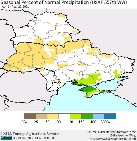 Ukraine, Moldova and Belarus Seasonal Percent of Normal Precipitation (USAF 557th WW) Thematic Map For 4/1/2021 - 8/20/2021