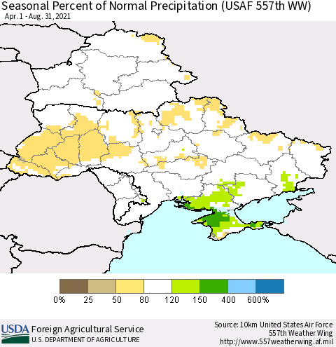 Ukraine, Moldova and Belarus Seasonal Percent of Normal Precipitation (USAF 557th WW) Thematic Map For 4/1/2021 - 8/31/2021