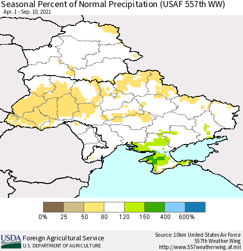 Ukraine, Moldova and Belarus Seasonal Percent of Normal Precipitation (USAF 557th WW) Thematic Map For 4/1/2021 - 9/10/2021