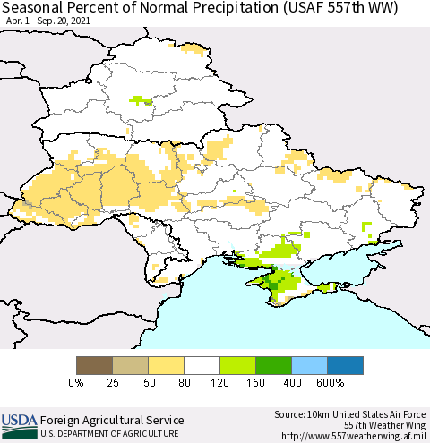 Ukraine, Moldova and Belarus Seasonal Percent of Normal Precipitation (USAF 557th WW) Thematic Map For 4/1/2021 - 9/20/2021