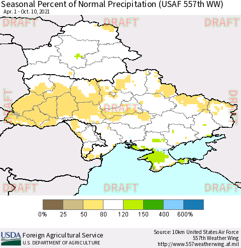 Ukraine, Moldova and Belarus Seasonal Percent of Normal Precipitation (USAF 557th WW) Thematic Map For 4/1/2021 - 10/10/2021