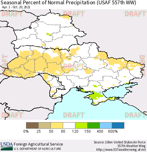 Ukraine, Moldova and Belarus Seasonal Percent of Normal Precipitation (USAF 557th WW) Thematic Map For 4/1/2021 - 10/20/2021