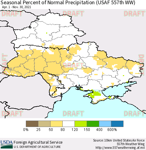 Ukraine, Moldova and Belarus Seasonal Percent of Normal Precipitation (USAF 557th WW) Thematic Map For 4/1/2021 - 11/30/2021