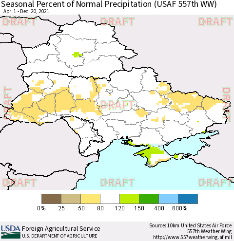 Ukraine, Moldova and Belarus Seasonal Percent of Normal Precipitation (USAF 557th WW) Thematic Map For 4/1/2021 - 12/20/2021