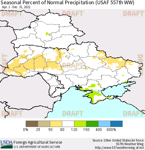 Ukraine, Moldova and Belarus Seasonal Percent of Normal Precipitation (USAF 557th WW) Thematic Map For 4/1/2021 - 12/31/2021