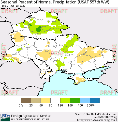 Ukraine, Moldova and Belarus Seasonal Percent of Normal Precipitation (USAF 557th WW) Thematic Map For 9/1/2021 - 1/10/2022