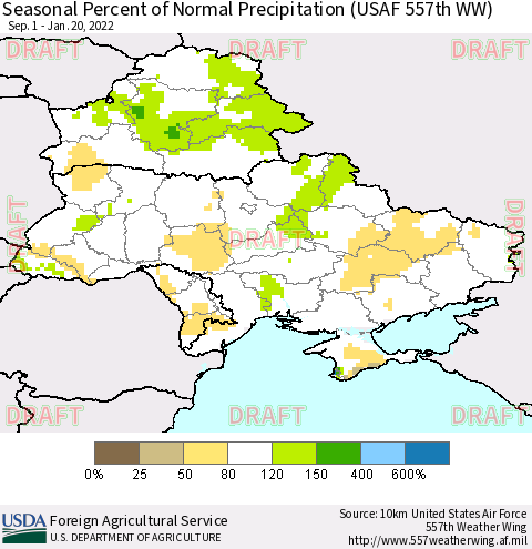 Ukraine, Moldova and Belarus Seasonal Percent of Normal Precipitation (USAF 557th WW) Thematic Map For 9/1/2021 - 1/20/2022