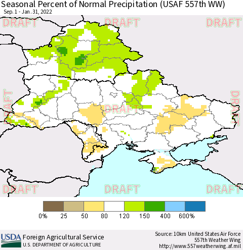 Ukraine, Moldova and Belarus Seasonal Percent of Normal Precipitation (USAF 557th WW) Thematic Map For 9/1/2021 - 1/31/2022