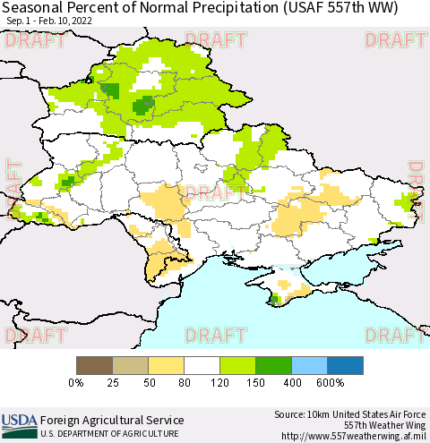 Ukraine, Moldova and Belarus Seasonal Percent of Normal Precipitation (USAF 557th WW) Thematic Map For 9/1/2021 - 2/10/2022