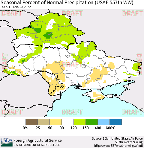 Ukraine, Moldova and Belarus Seasonal Percent of Normal Precipitation (USAF 557th WW) Thematic Map For 9/1/2021 - 2/20/2022
