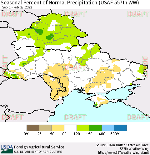 Ukraine, Moldova and Belarus Seasonal Percent of Normal Precipitation (USAF 557th WW) Thematic Map For 9/1/2021 - 2/28/2022