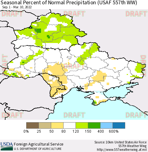 Ukraine, Moldova and Belarus Seasonal Percent of Normal Precipitation (USAF 557th WW) Thematic Map For 9/1/2021 - 3/10/2022