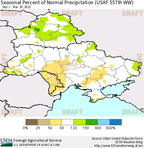 Ukraine, Moldova and Belarus Seasonal Percent of Normal Precipitation (USAF 557th WW) Thematic Map For 9/1/2021 - 3/20/2022
