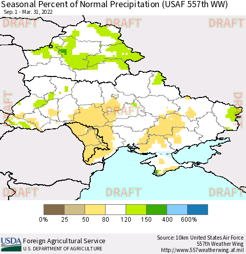 Ukraine, Moldova and Belarus Seasonal Percent of Normal Precipitation (USAF 557th WW) Thematic Map For 9/1/2021 - 3/31/2022