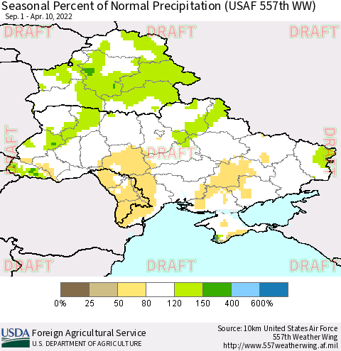 Ukraine, Moldova and Belarus Seasonal Percent of Normal Precipitation (USAF 557th WW) Thematic Map For 9/1/2021 - 4/10/2022