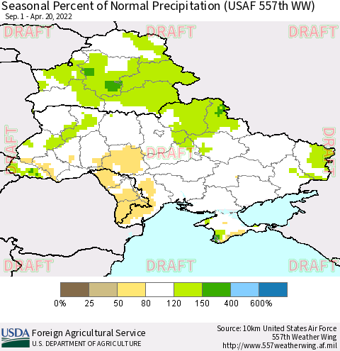 Ukraine, Moldova and Belarus Seasonal Percent of Normal Precipitation (USAF 557th WW) Thematic Map For 9/1/2021 - 4/20/2022