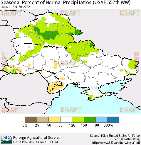 Ukraine, Moldova and Belarus Seasonal Percent of Normal Precipitation (USAF 557th WW) Thematic Map For 9/1/2021 - 4/30/2022