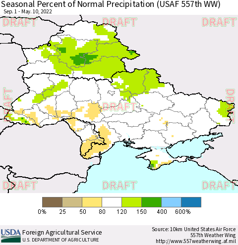 Ukraine, Moldova and Belarus Seasonal Percent of Normal Precipitation (USAF 557th WW) Thematic Map For 9/1/2021 - 5/10/2022