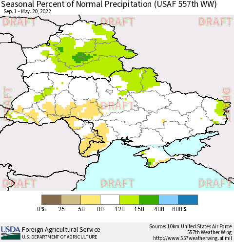 Ukraine, Moldova and Belarus Seasonal Percent of Normal Precipitation (USAF 557th WW) Thematic Map For 9/1/2021 - 5/20/2022