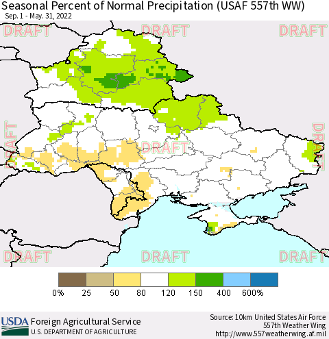 Ukraine, Moldova and Belarus Seasonal Percent of Normal Precipitation (USAF 557th WW) Thematic Map For 9/1/2021 - 5/31/2022