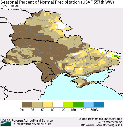 Ukraine, Moldova and Belarus Seasonal Percent of Normal Precipitation (USAF 557th WW) Thematic Map For 9/1/2021 - 9/10/2021