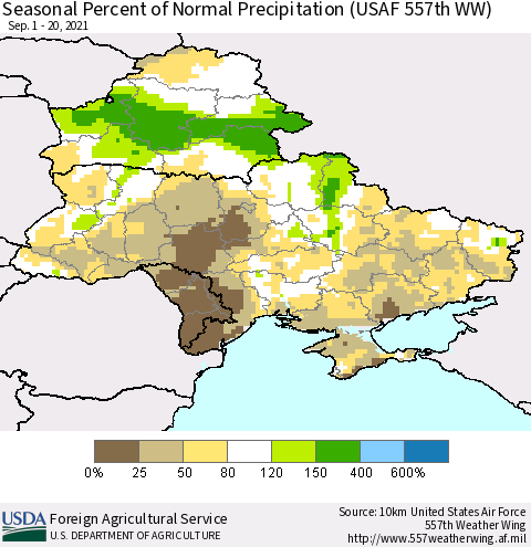 Ukraine, Moldova and Belarus Seasonal Percent of Normal Precipitation (USAF 557th WW) Thematic Map For 9/1/2021 - 9/20/2021