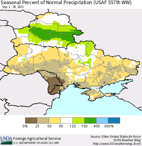Ukraine, Moldova and Belarus Seasonal Percent of Normal Precipitation (USAF 557th WW) Thematic Map For 9/1/2021 - 9/30/2021