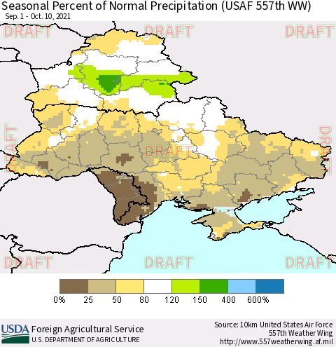 Ukraine, Moldova and Belarus Seasonal Percent of Normal Precipitation (USAF 557th WW) Thematic Map For 9/1/2021 - 10/10/2021