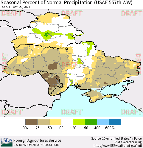 Ukraine, Moldova and Belarus Seasonal Percent of Normal Precipitation (USAF 557th WW) Thematic Map For 9/1/2021 - 10/20/2021