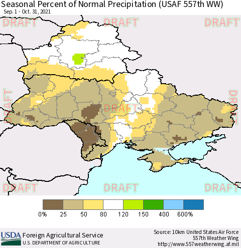 Ukraine, Moldova and Belarus Seasonal Percent of Normal Precipitation (USAF 557th WW) Thematic Map For 9/1/2021 - 10/31/2021