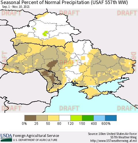 Ukraine, Moldova and Belarus Seasonal Percent of Normal Precipitation (USAF 557th WW) Thematic Map For 9/1/2021 - 11/10/2021