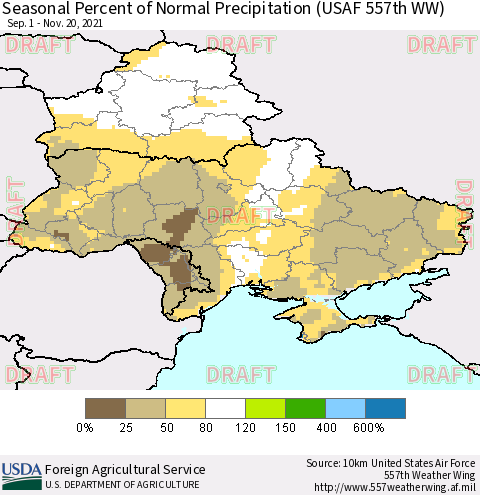 Ukraine, Moldova and Belarus Seasonal Percent of Normal Precipitation (USAF 557th WW) Thematic Map For 9/1/2021 - 11/20/2021
