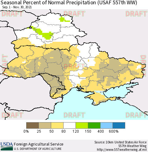 Ukraine, Moldova and Belarus Seasonal Percent of Normal Precipitation (USAF 557th WW) Thematic Map For 9/1/2021 - 11/30/2021