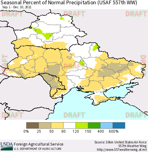 Ukraine, Moldova and Belarus Seasonal Percent of Normal Precipitation (USAF 557th WW) Thematic Map For 9/1/2021 - 12/10/2021