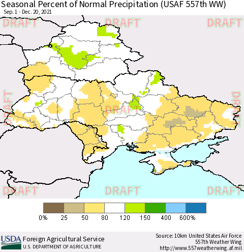 Ukraine, Moldova and Belarus Seasonal Percent of Normal Precipitation (USAF 557th WW) Thematic Map For 9/1/2021 - 12/20/2021