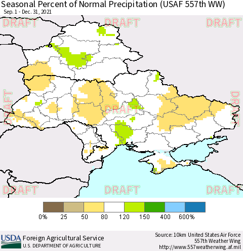 Ukraine, Moldova and Belarus Seasonal Percent of Normal Precipitation (USAF 557th WW) Thematic Map For 9/1/2021 - 12/31/2021