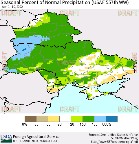 Ukraine, Moldova and Belarus Seasonal Percent of Normal Precipitation (USAF 557th WW) Thematic Map For 4/1/2022 - 4/10/2022