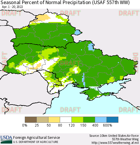 Ukraine, Moldova and Belarus Seasonal Percent of Normal Precipitation (USAF 557th WW) Thematic Map For 4/1/2022 - 4/20/2022