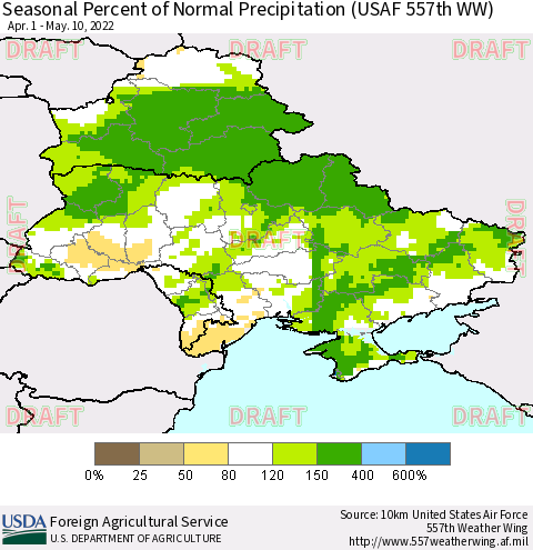 Ukraine, Moldova and Belarus Seasonal Percent of Normal Precipitation (USAF 557th WW) Thematic Map For 4/1/2022 - 5/10/2022