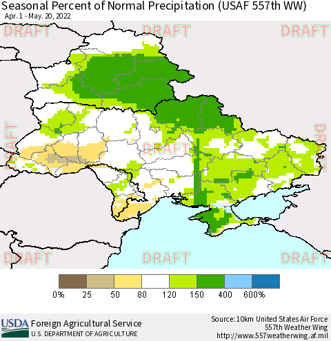 Ukraine, Moldova and Belarus Seasonal Percent of Normal Precipitation (USAF 557th WW) Thematic Map For 4/1/2022 - 5/20/2022
