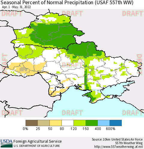 Ukraine, Moldova and Belarus Seasonal Percent of Normal Precipitation (USAF 557th WW) Thematic Map For 4/1/2022 - 5/31/2022