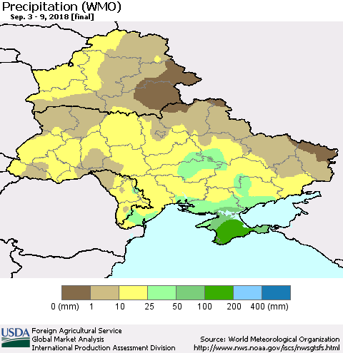 Ukraine, Moldova and Belarus Precipitation (WMO) Thematic Map For 9/3/2018 - 9/9/2018