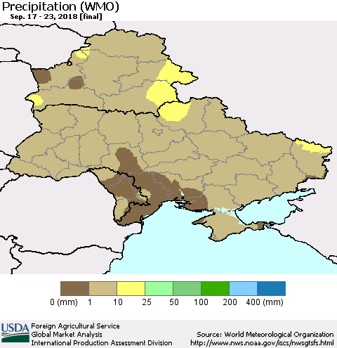 Ukraine, Moldova and Belarus Precipitation (WMO) Thematic Map For 9/17/2018 - 9/23/2018