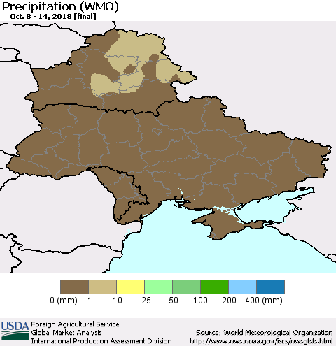 Ukraine, Moldova and Belarus Precipitation (WMO) Thematic Map For 10/8/2018 - 10/14/2018