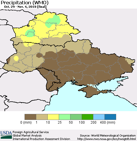 Ukraine, Moldova and Belarus Precipitation (WMO) Thematic Map For 10/29/2018 - 11/4/2018