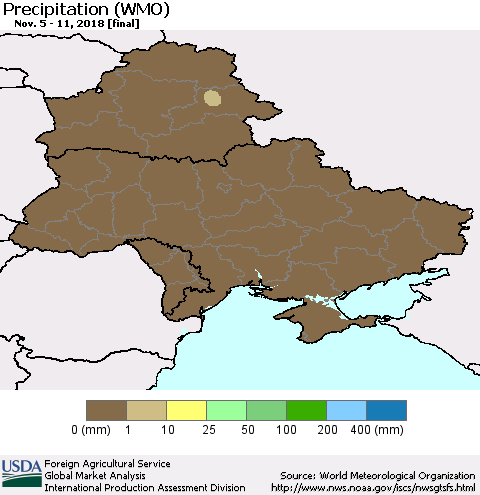 Ukraine, Moldova and Belarus Precipitation (WMO) Thematic Map For 11/5/2018 - 11/11/2018